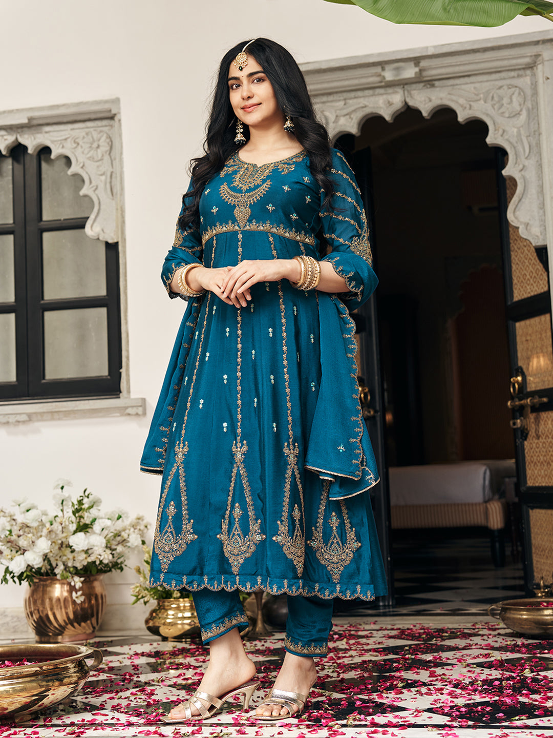 Crystal Teal Chinon Zari Sequence Thread Embroidered With Coding Kurta With Pant And Dupatta Set