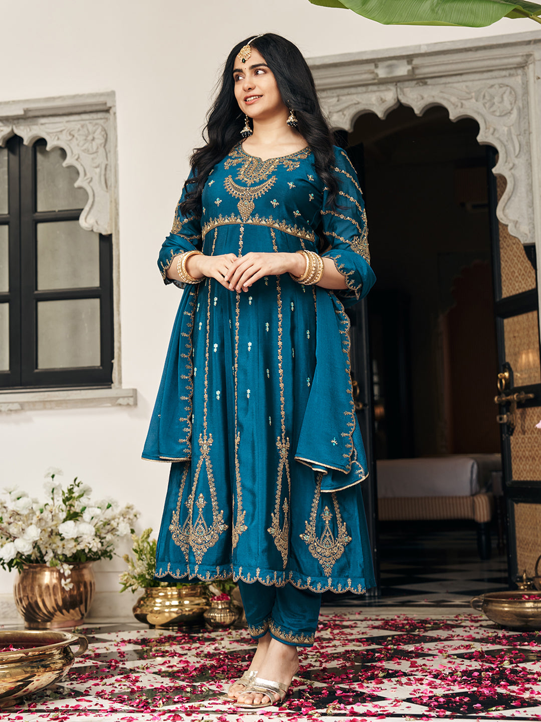 Crystal Teal Chinon Zari Sequence Thread Embroidered With Coding Kurta With Pant And Dupatta Set