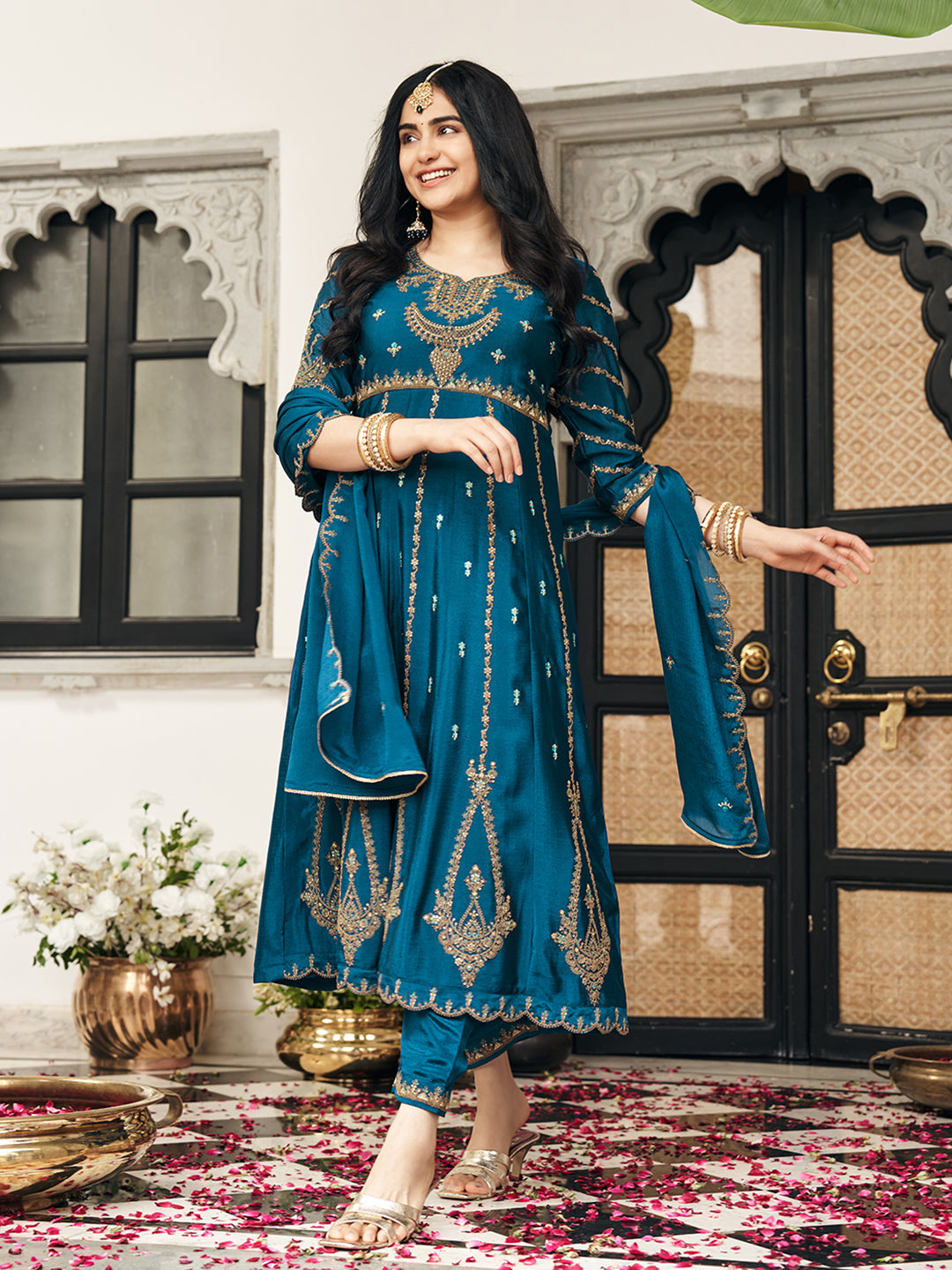 Crystal Teal Chinon Zari Sequence Thread Embroidered With Coding Kurta With Pant And Dupatta Set