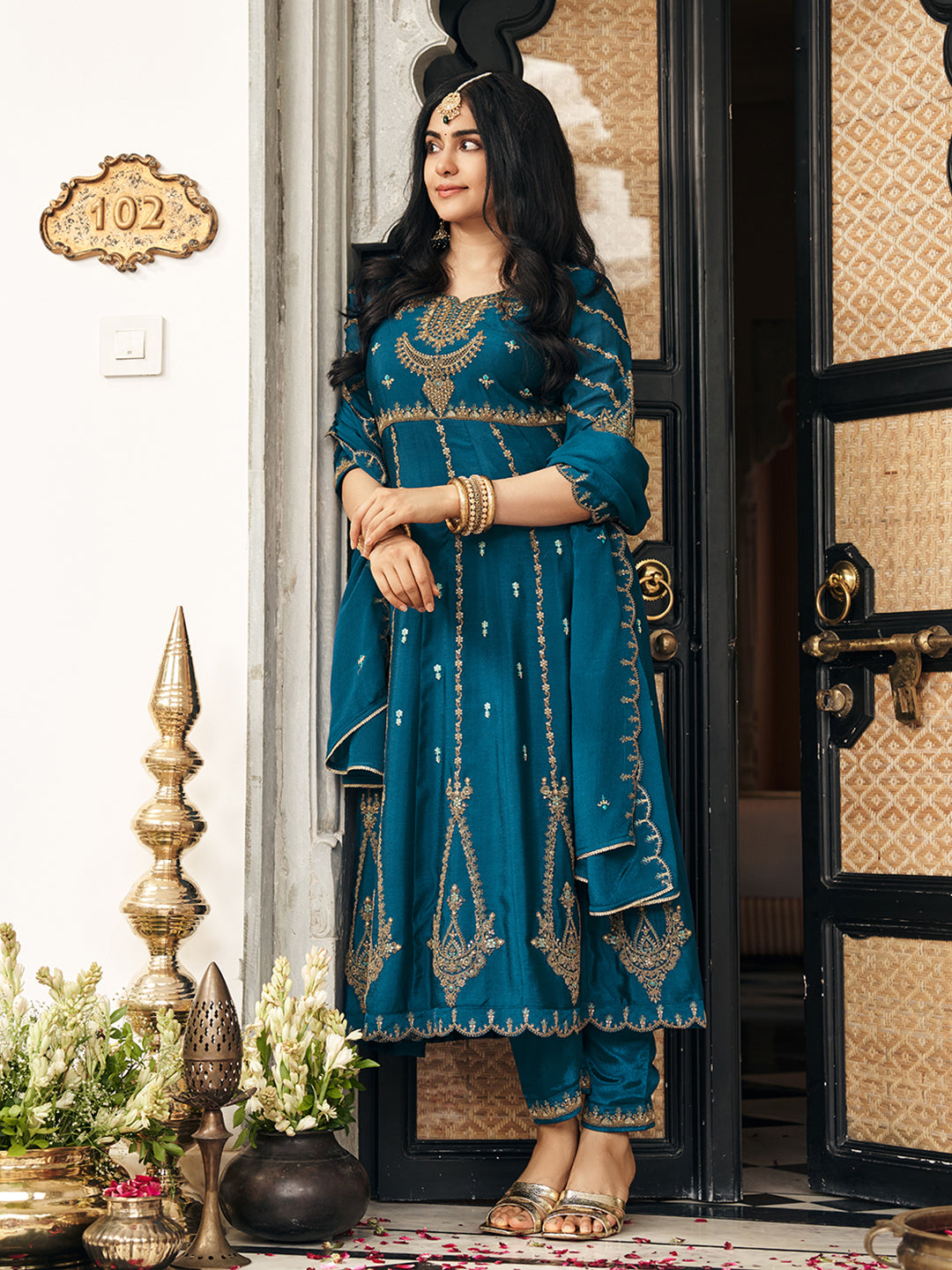 Crystal Teal Chinon Zari Sequence Thread Embroidered With Coding Kurta With Pant And Dupatta Set