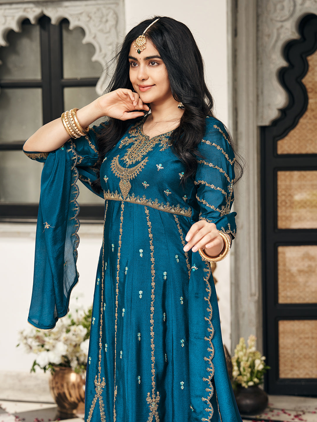 Crystal Teal Chinon Zari Sequence Thread Embroidered With Coding Kurta With Pant And Dupatta Set