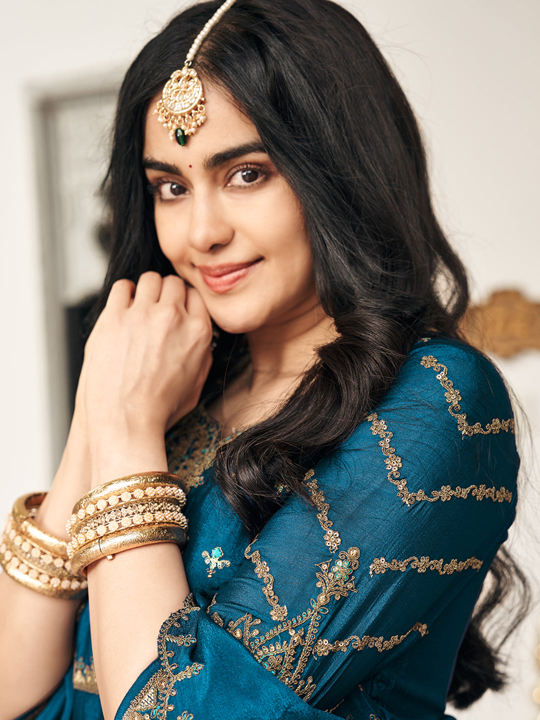 Crystal Teal Chinon Zari Sequence Thread Embroidered With Coding Kurta With Pant And Dupatta Set