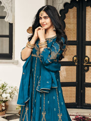 Crystal Teal Chinon Zari Sequence Thread Embroidered With Coding Kurta With Pant And Dupatta Set