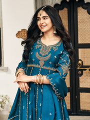 Crystal Teal Chinon Zari Sequence Thread Embroidered With Coding Kurta With Pant And Dupatta Set