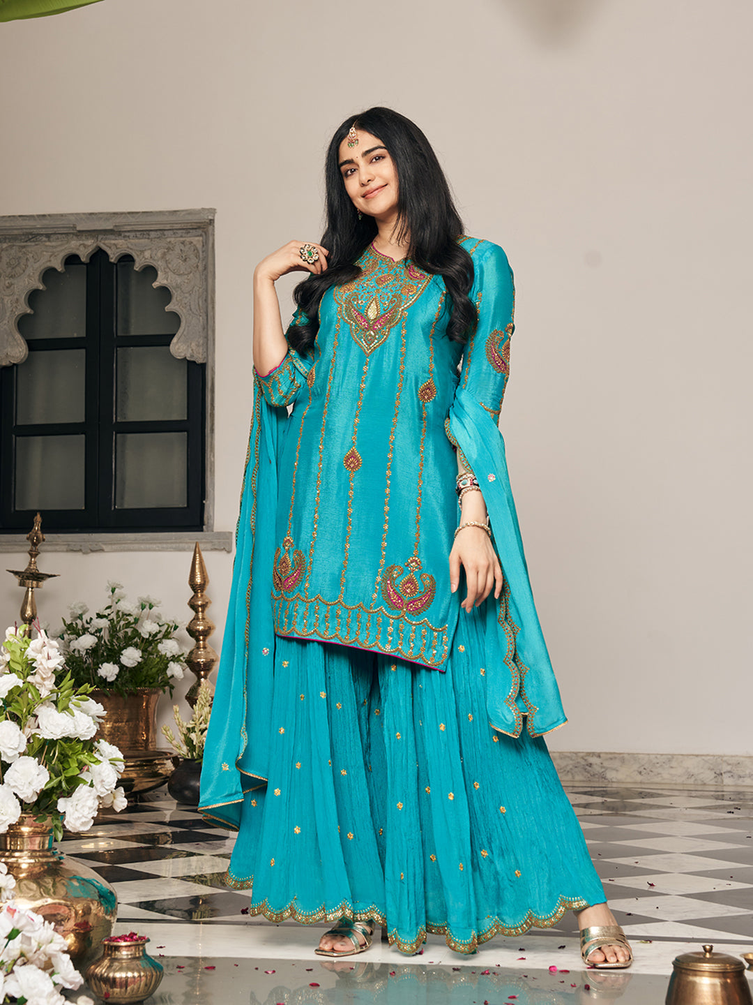 Turquoise blue Zari Sequence Thread Embroidered and Cording Kurta With Palazzo And Dupatta Set