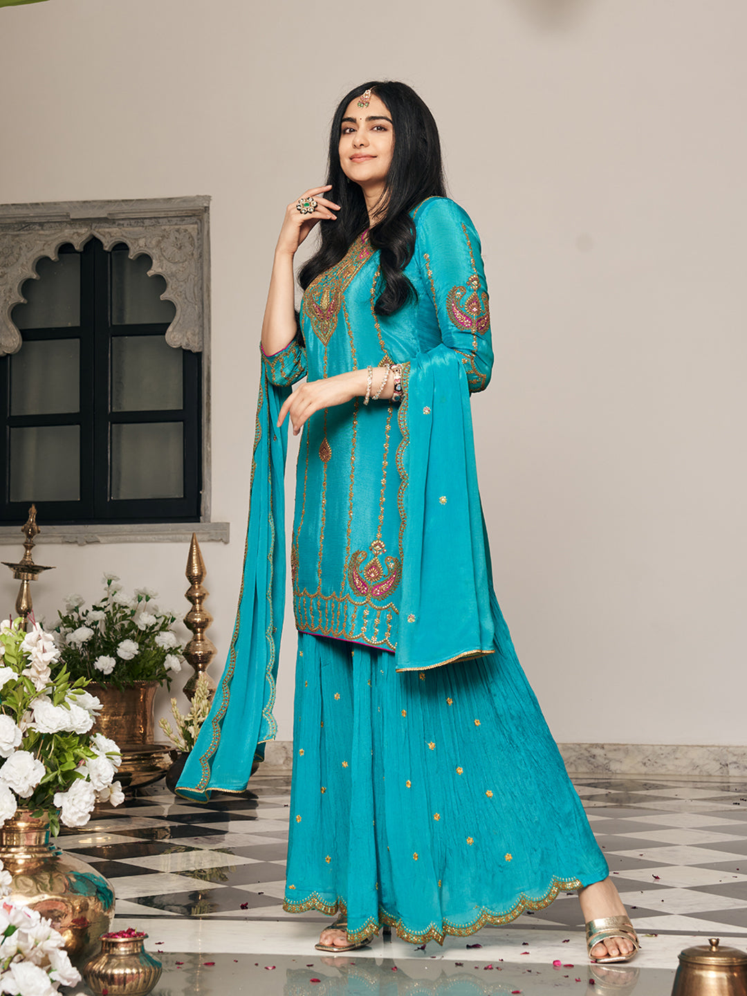 Turquoise blue Zari Sequence Thread Embroidered and Cording Kurta With Palazzo And Dupatta Set