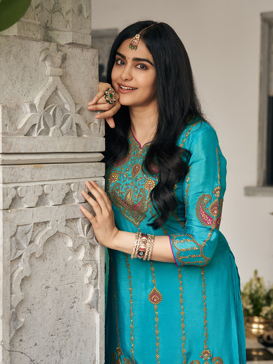 Turquoise blue Zari Sequence Thread Embroidered and Cording Kurta With Palazzo And Dupatta Set