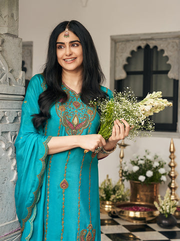 Turquoise blue Zari Sequence Thread Embroidered and Cording Kurta With Palazzo And Dupatta Set
