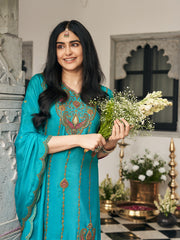 Turquoise blue Zari Sequence Thread Embroidered and Cording Kurta With Palazzo And Dupatta Set