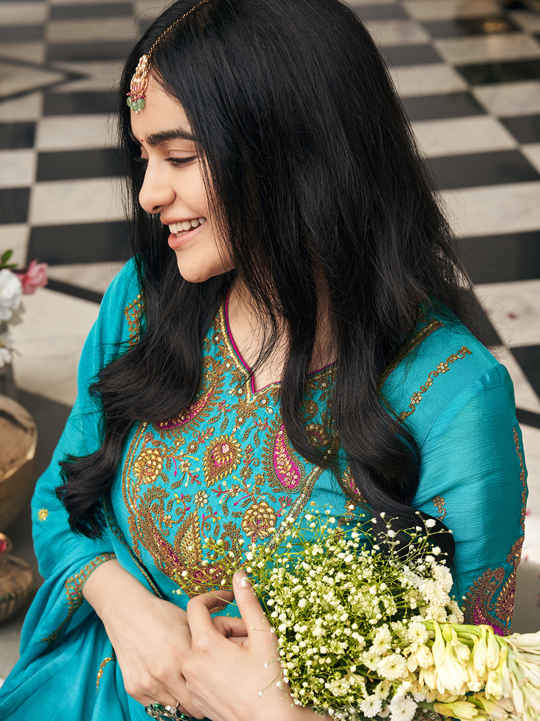 Turquoise blue Zari Sequence Thread Embroidered and Cording Kurta With Palazzo And Dupatta Set