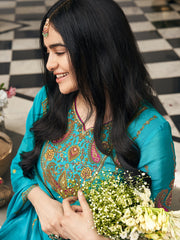 Turquoise blue Zari Sequence Thread Embroidered and Cording Kurta With Palazzo And Dupatta Set