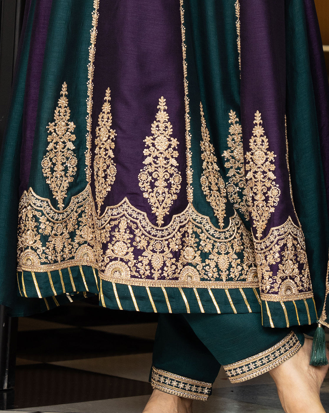 Wine & Green Vichitra Zari Sequence Embroidered Coding Kurta With Pant And Dupatta Set