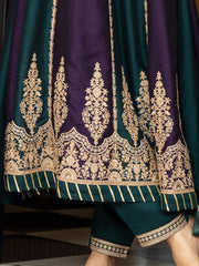 Wine & Green Vichitra Zari Sequence Embroidered Coding Kurta With Pant And Dupatta Set