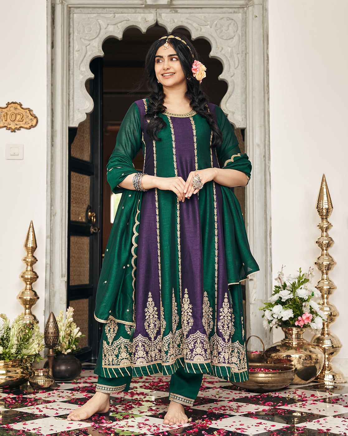 Wine & Green Vichitra Zari Sequence Embroidered Coding Kurta With Pant And Dupatta Set