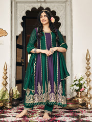 Wine & Green Vichitra Zari Sequence Embroidered Coding Kurta With Pant And Dupatta Set