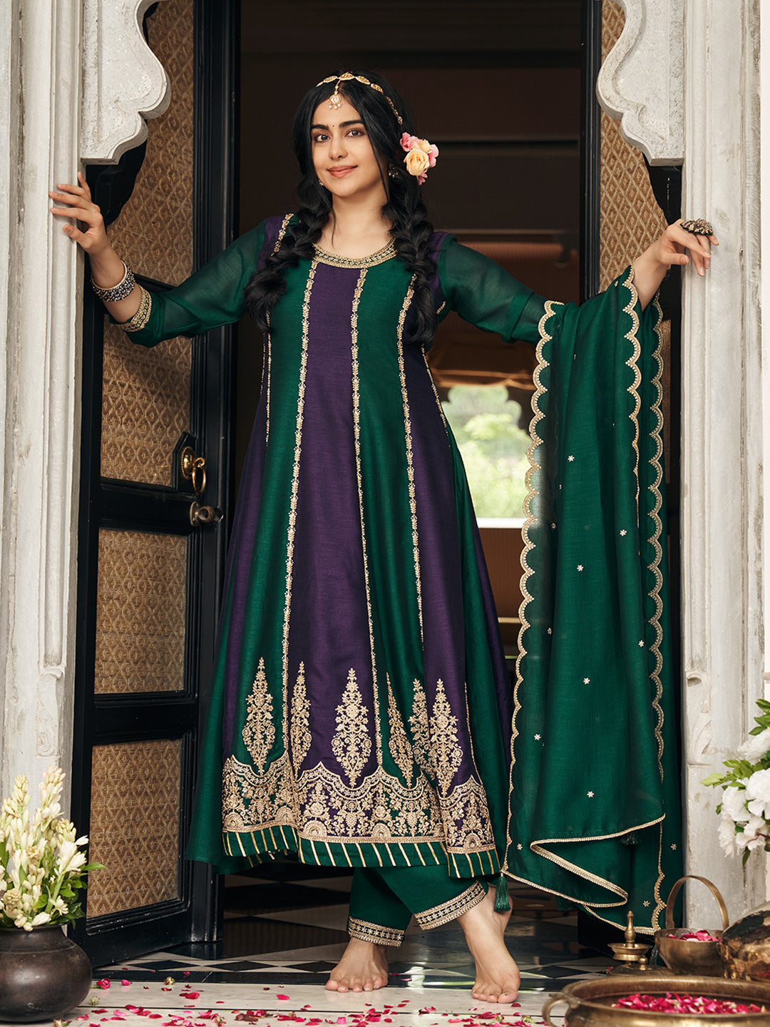 Wine & Green Vichitra Zari Sequence Embroidered Coding Kurta With Pant And Dupatta Set