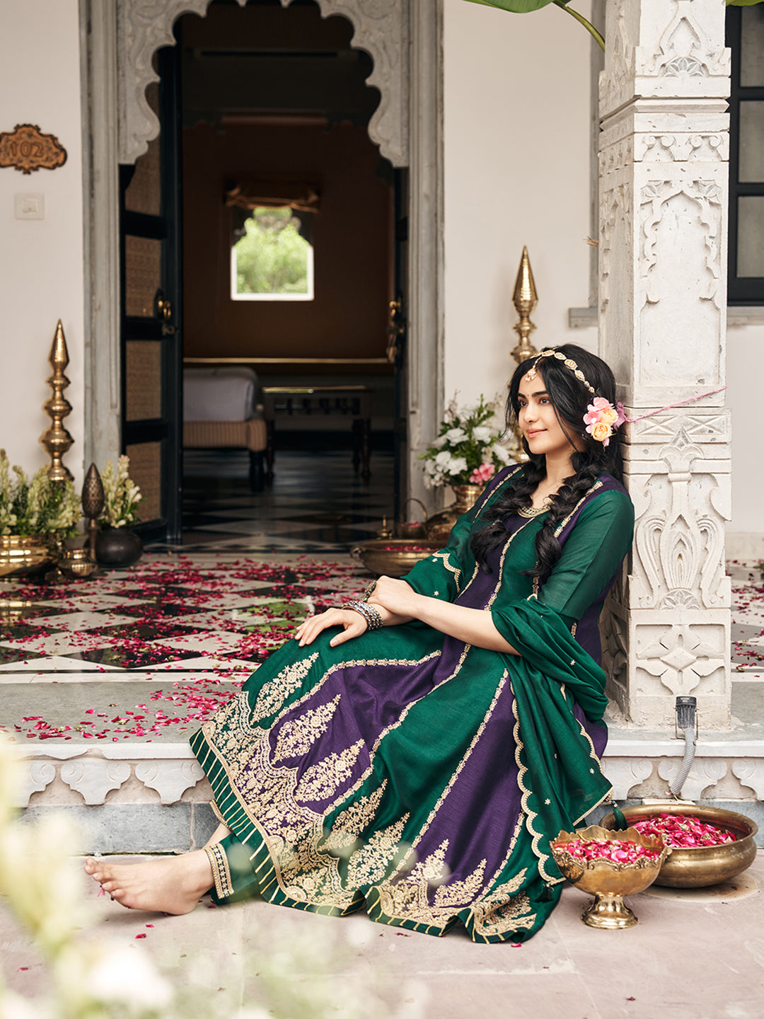 Wine & Green Vichitra Zari Sequence Embroidered Coding Kurta With Pant And Dupatta Set