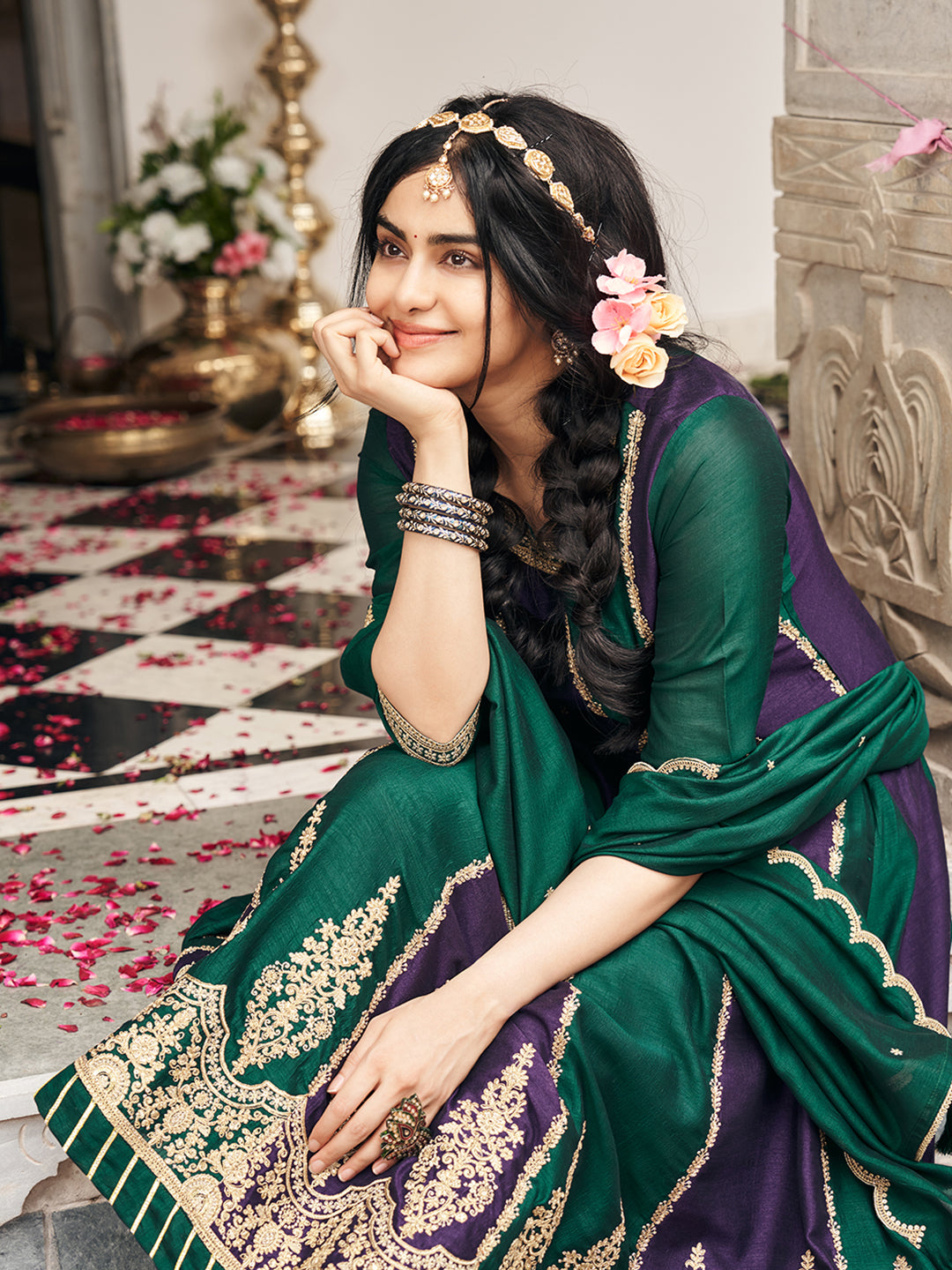 Wine & Green Vichitra Zari Sequence Embroidered Coding Kurta With Pant And Dupatta Set