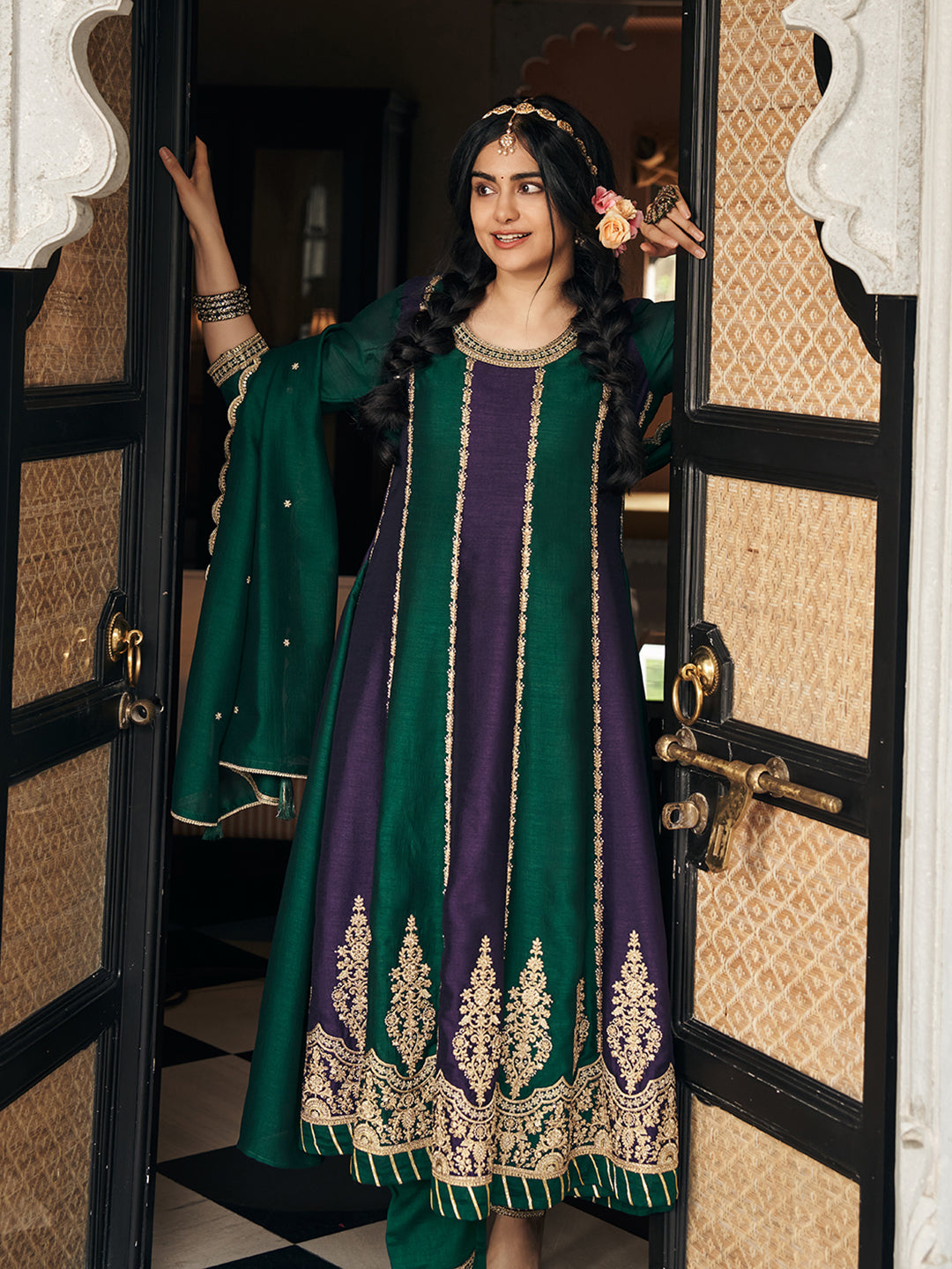 Wine & Green Vichitra Zari Sequence Embroidered Coding Kurta With Pant And Dupatta Set