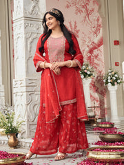 Red Silk Zari Sequence Thread Embroidered With Coding Kurta With Palazzo And Dupatta Set