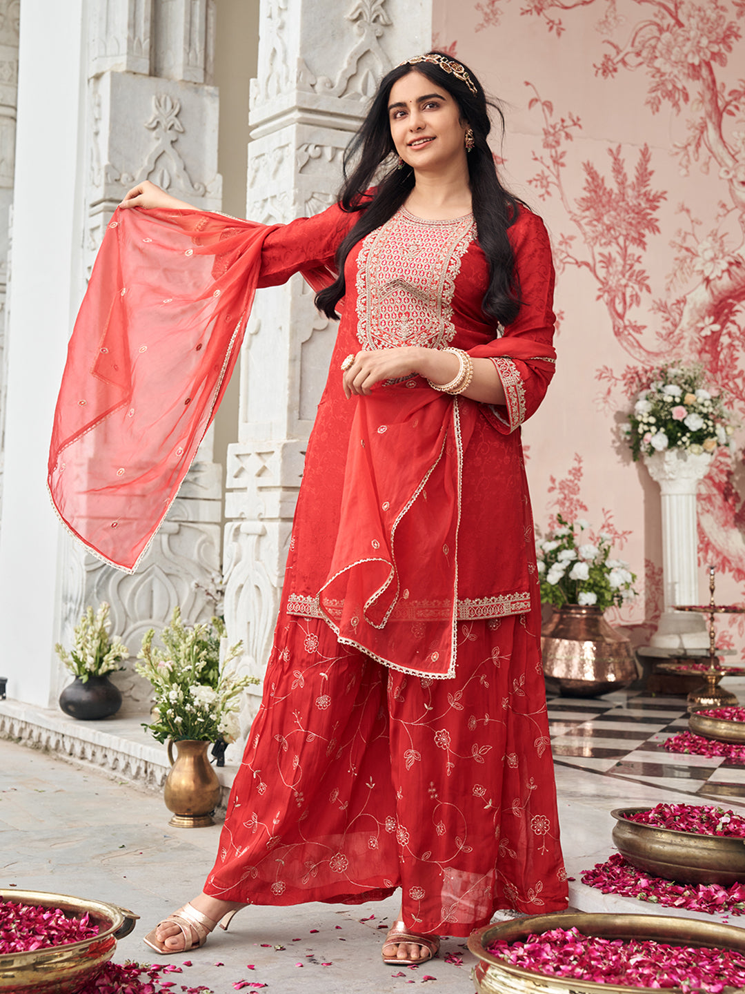 Red Silk Zari Sequence Thread Embroidered With Coding Kurta With Palazzo And Dupatta Set