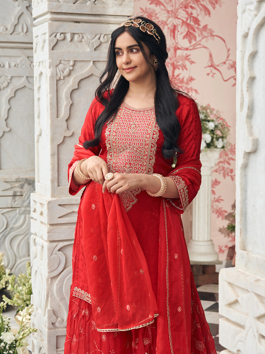 Red Silk Zari Sequence Thread Embroidered With Coding Kurta With Palazzo And Dupatta Set
