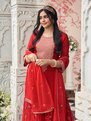 Red Silk Zari Sequence Thread Embroidered With Coding Kurta With Palazzo And Dupatta Set