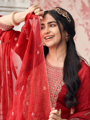 Red Silk Zari Sequence Thread Embroidered With Coding Kurta With Palazzo And Dupatta Set