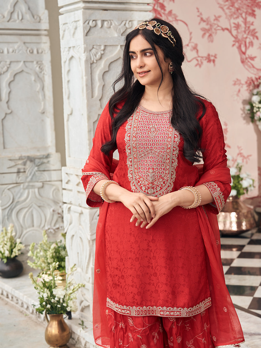 Red Silk Zari Sequence Thread Embroidered With Coding Kurta With Palazzo And Dupatta Set