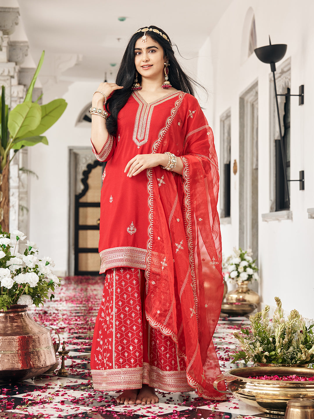 Red Chinon Zari Sequence Embroidered Coding Kurta With Palazzo And Dupatta Set