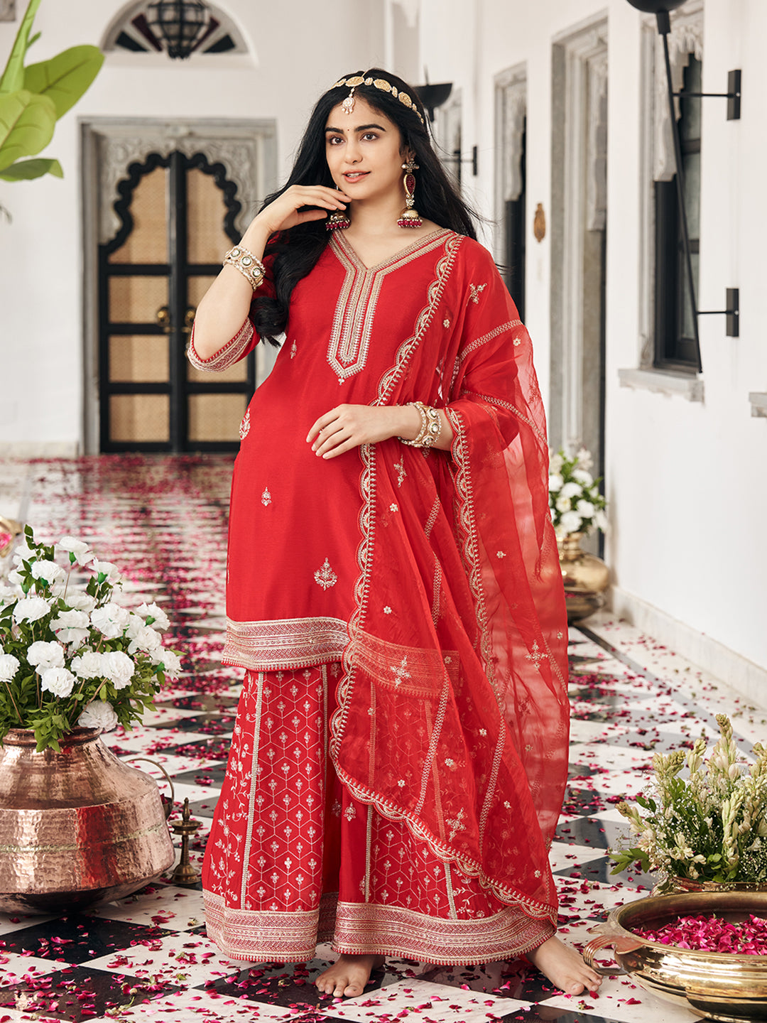 Red Chinon Zari Sequence Embroidered Coding Kurta With Palazzo And Dupatta Set