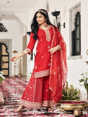 Red Chinon Zari Sequence Embroidered Coding Kurta With Palazzo And Dupatta Set