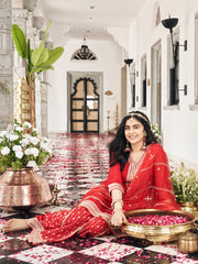 Red Chinon Zari Sequence Embroidered Coding Kurta With Palazzo And Dupatta Set