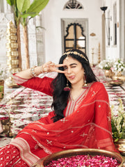 Red Chinon Zari Sequence Embroidered Coding Kurta With Palazzo And Dupatta Set