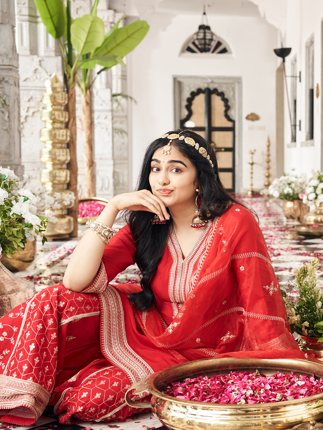 Red Chinon Zari Sequence Embroidered Coding Kurta With Palazzo And Dupatta Set