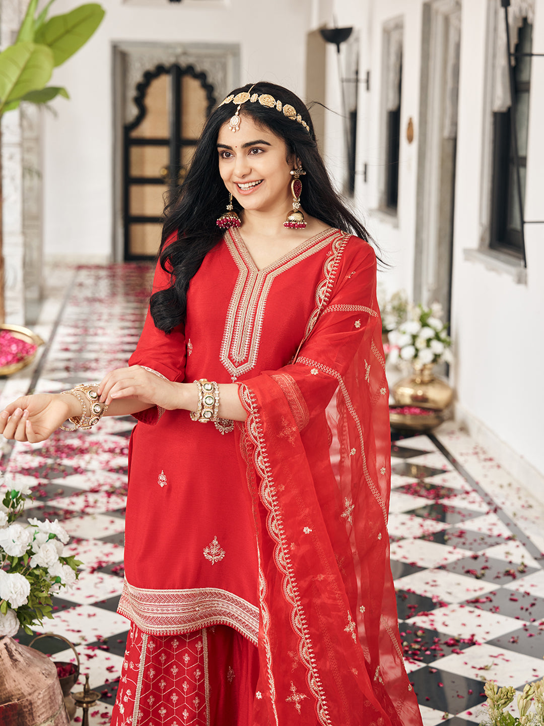 Red Chinon Zari Sequence Embroidered Coding Kurta With Palazzo And Dupatta Set