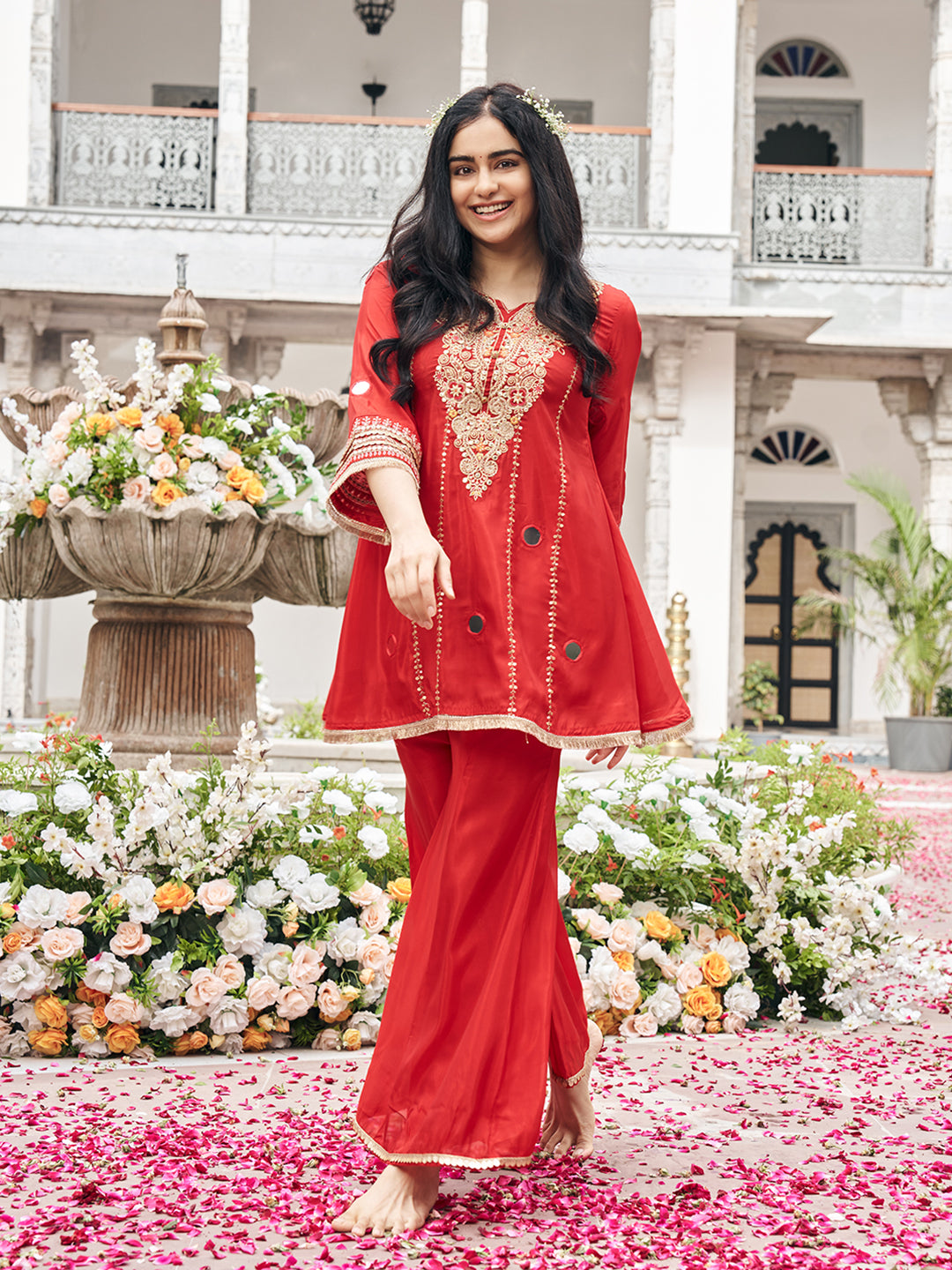 Red Organza Zari Sequence Thread Embroidered Coding With Mirror Work Kurta With Palazzo Set