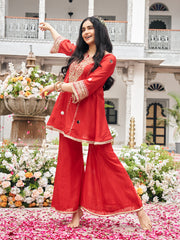 Red Organza Zari Sequence Thread Embroidered Coding With Mirror Work Kurta With Palazzo Set