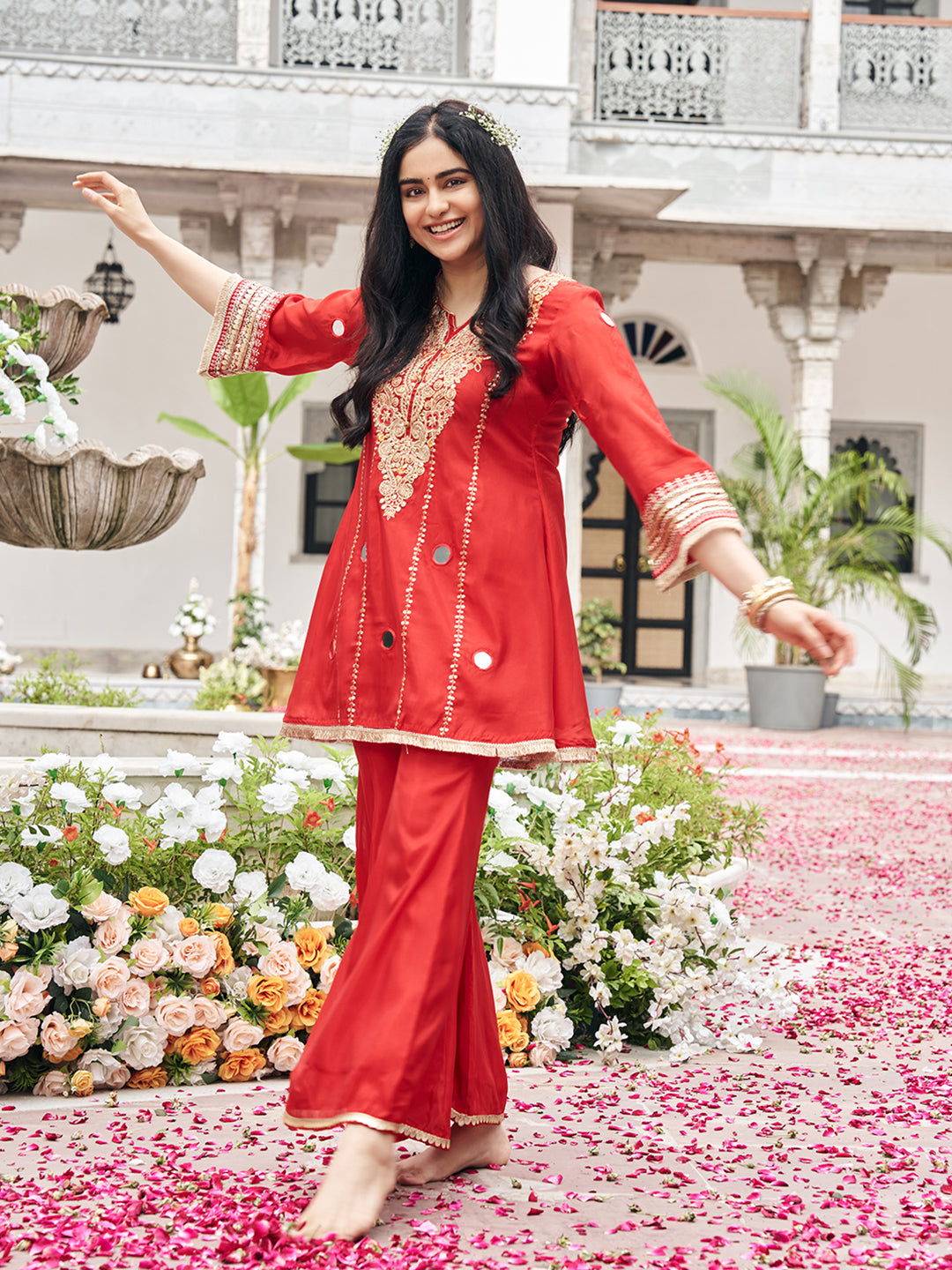 Red Organza Zari Sequence Thread Embroidered Coding With Mirror Work Kurta With Palazzo Set