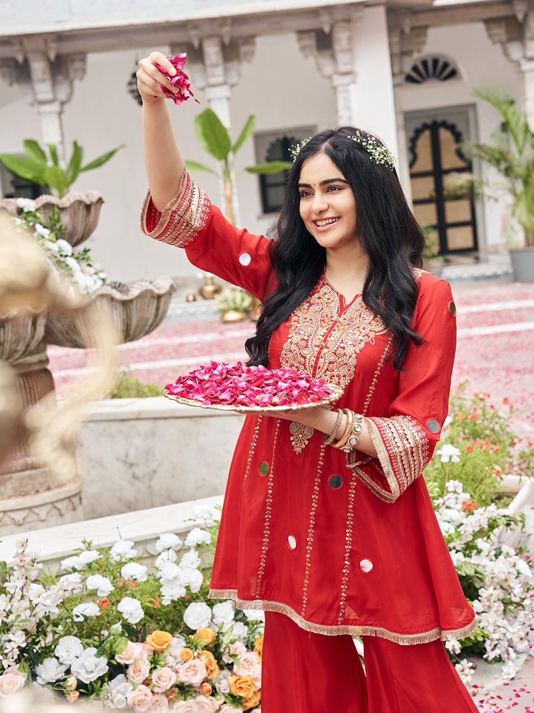 Red Organza Zari Sequence Thread Embroidered Coding With Mirror Work Kurta With Palazzo Set