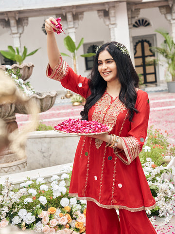 Red Organza Zari Sequence Thread Embroidered Coding With Mirror Work Kurta With Palazzo Set