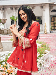 Red Organza Zari Sequence Thread Embroidered Coding With Mirror Work Kurta With Palazzo Set