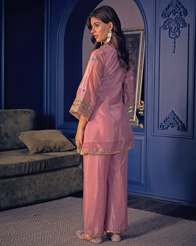 Metallic Rose Pink Mirror-Work Kurta and Palazzo Set