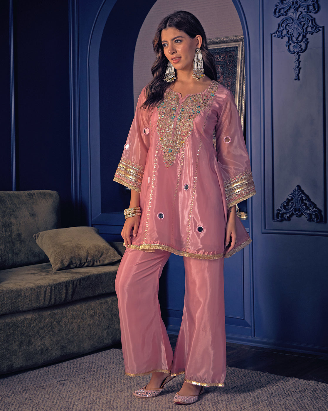 Metallic Rose Pink Mirror-Work Kurta and Palazzo Set
