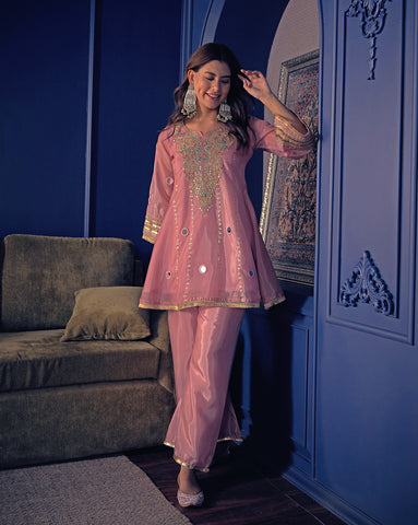 Metallic Rose Pink Mirror-Work Kurta and Palazzo Set