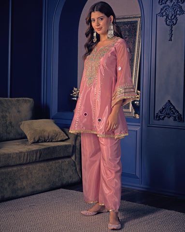 Metallic Rose Pink Mirror-Work Kurta and Palazzo Set