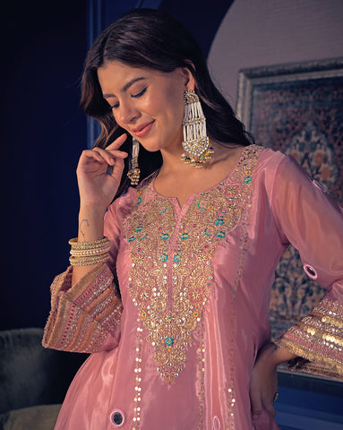 Metallic Rose Pink Mirror-Work Kurta and Palazzo Set