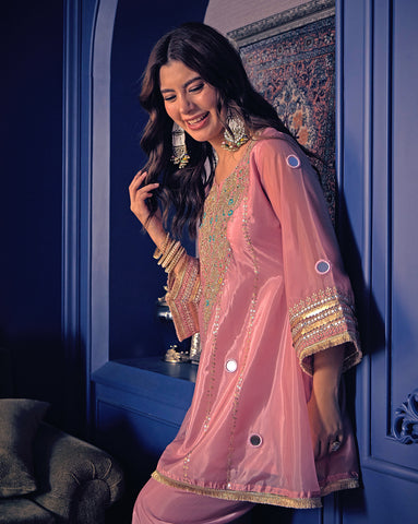Metallic Rose Pink Mirror-Work Kurta and Palazzo Set
