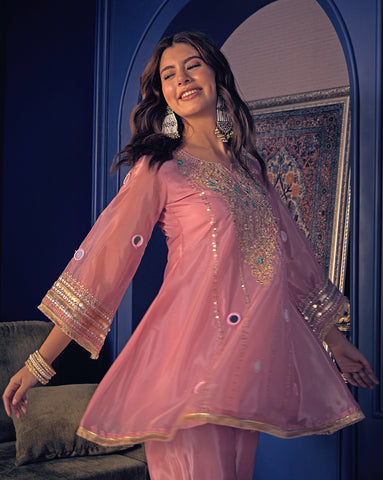 Metallic Rose Pink Mirror-Work Kurta and Palazzo Set