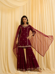 Maroon Georgette Zari Sequence Thread Embroidered Kurta Sharara Sets with Dupatta